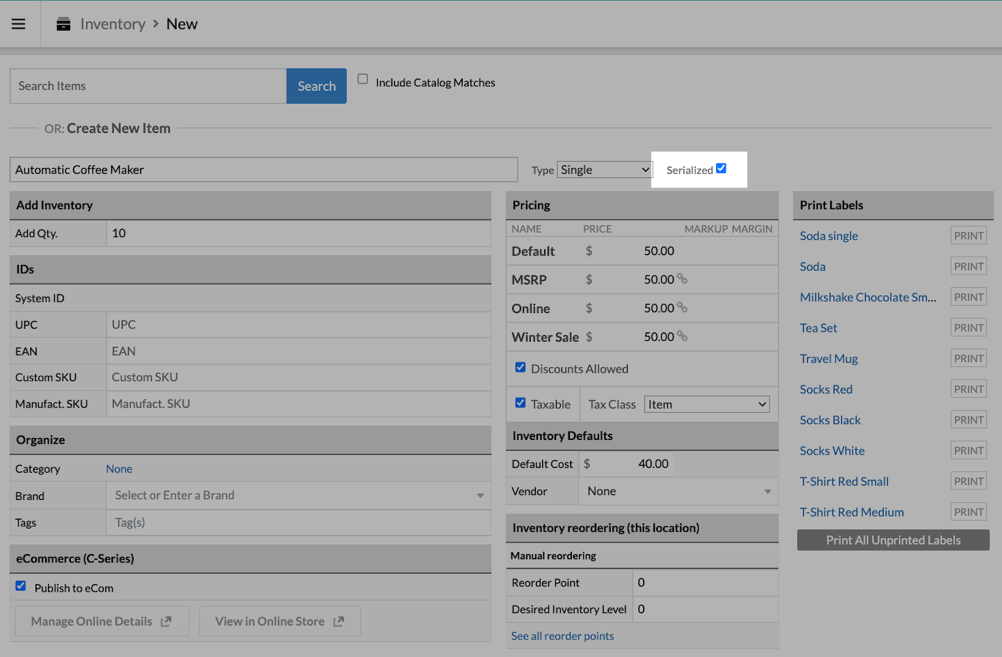 Item page with Serialized box emphasized.