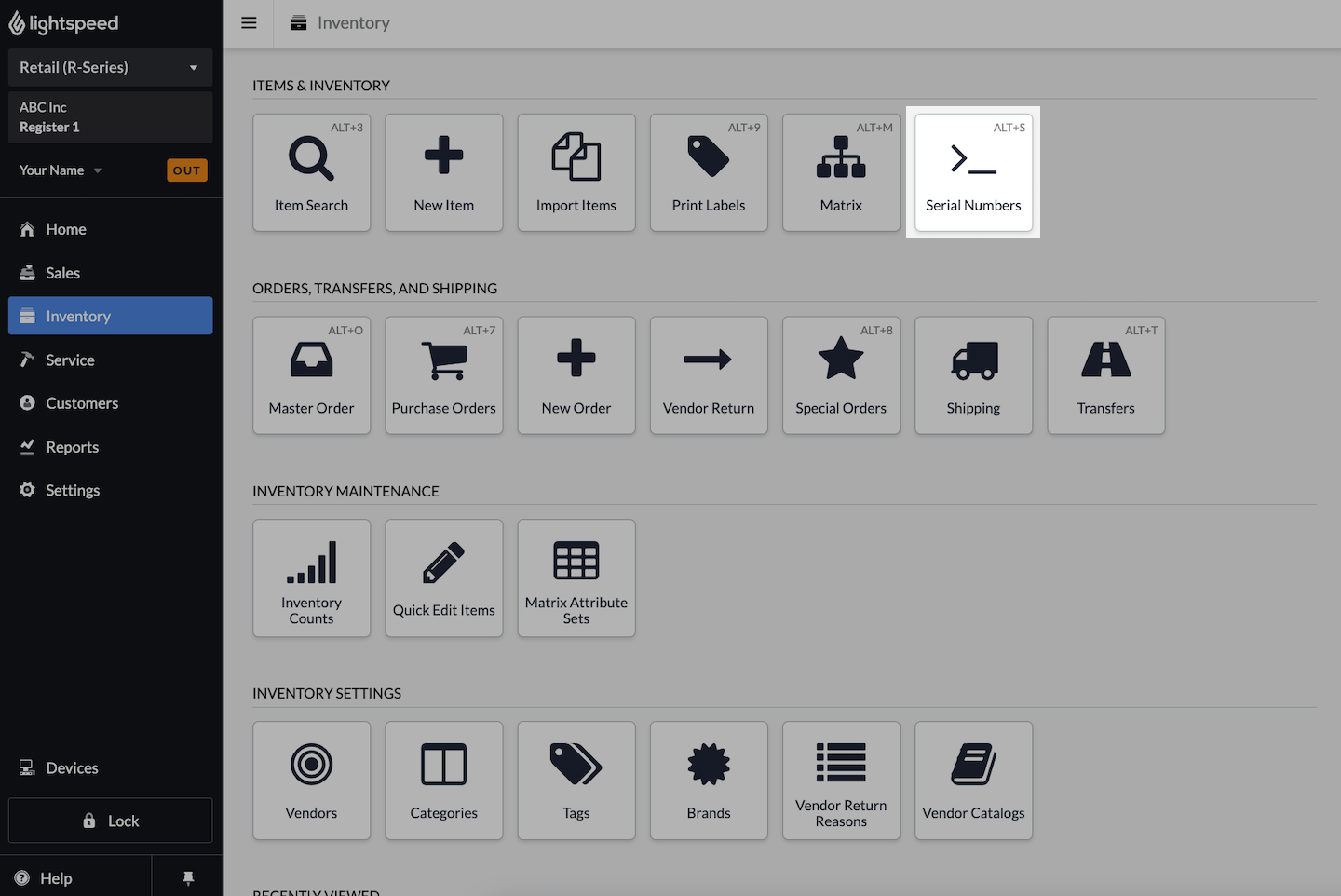 Inventory page with Serial Numbers emphasized.