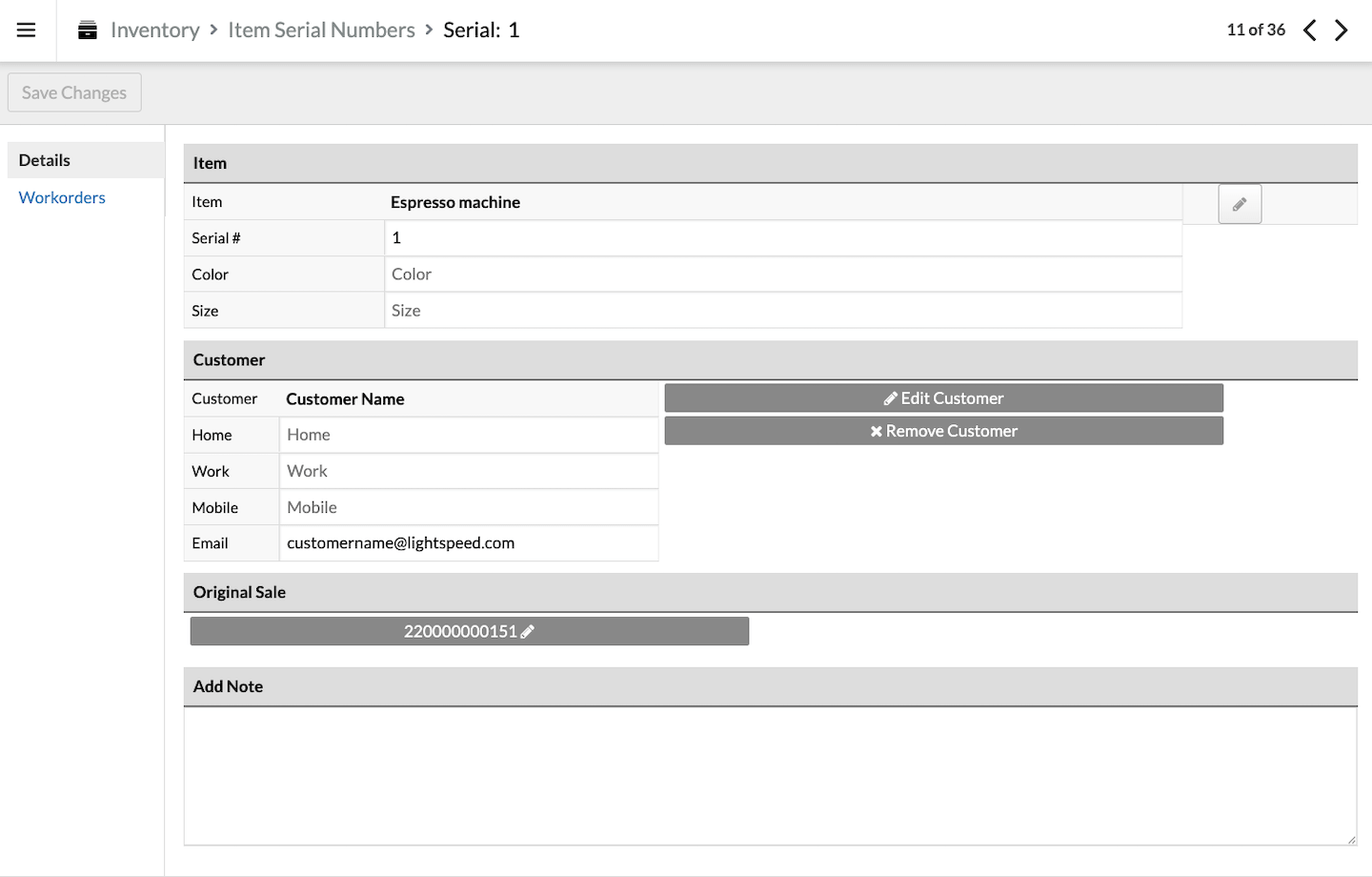 Details page for a serialized item.