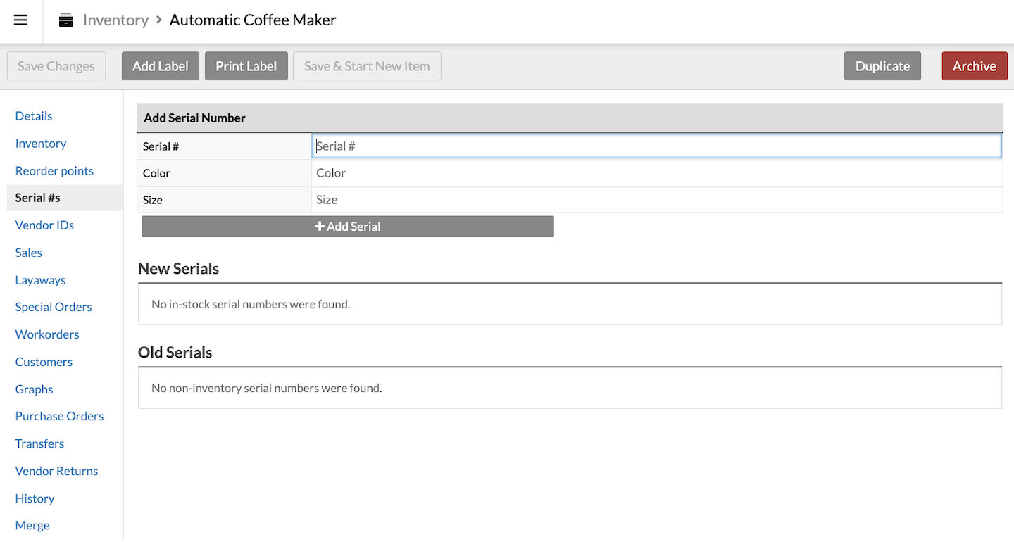 Serial #s tab showing Add Serial field.