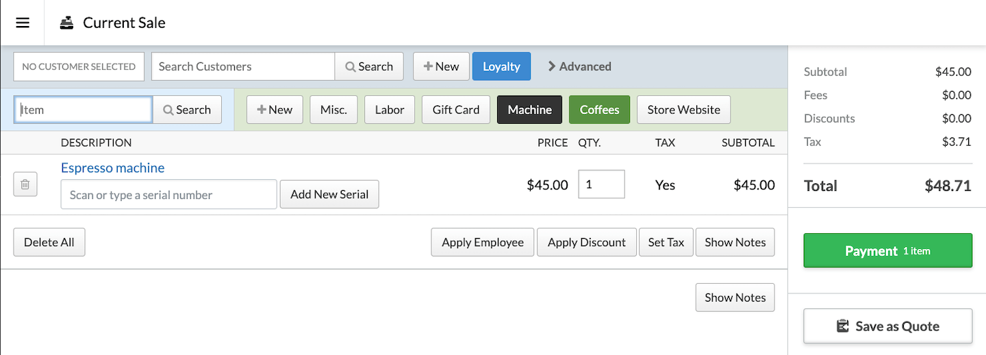 Sale page showing added product and serial number field.