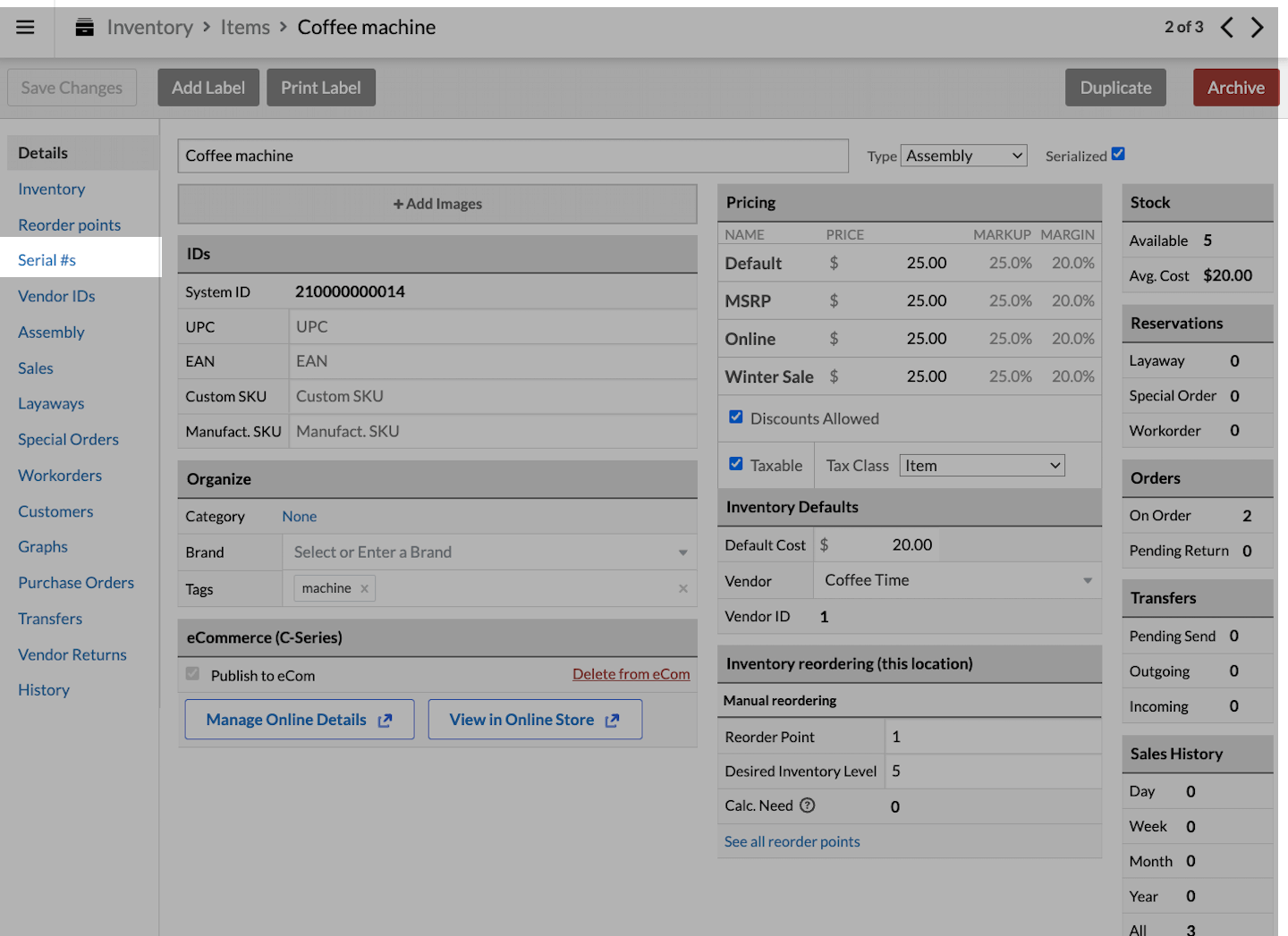 Item details page with Serial #s tab emphasized.