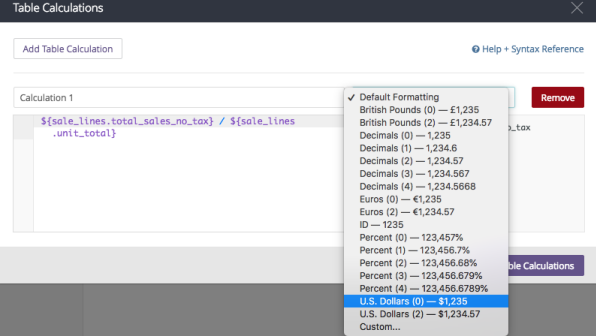 A 'Table Calculations' screen with a dropdown menu expanded, highlighting 'U.S. Dollars'.