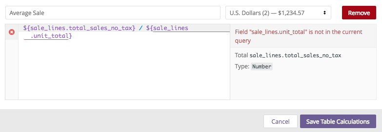 
A 'Table Calculations' screen with a formula error.