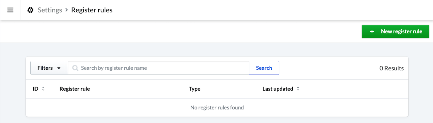 Register rules page with + New register rule button.