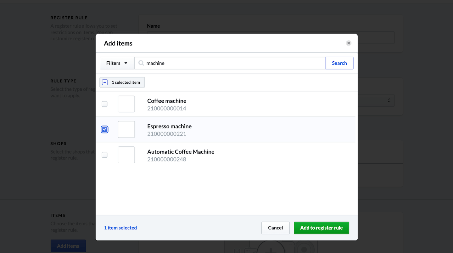 Add items pop-up showing selected item and Add to register rule button.