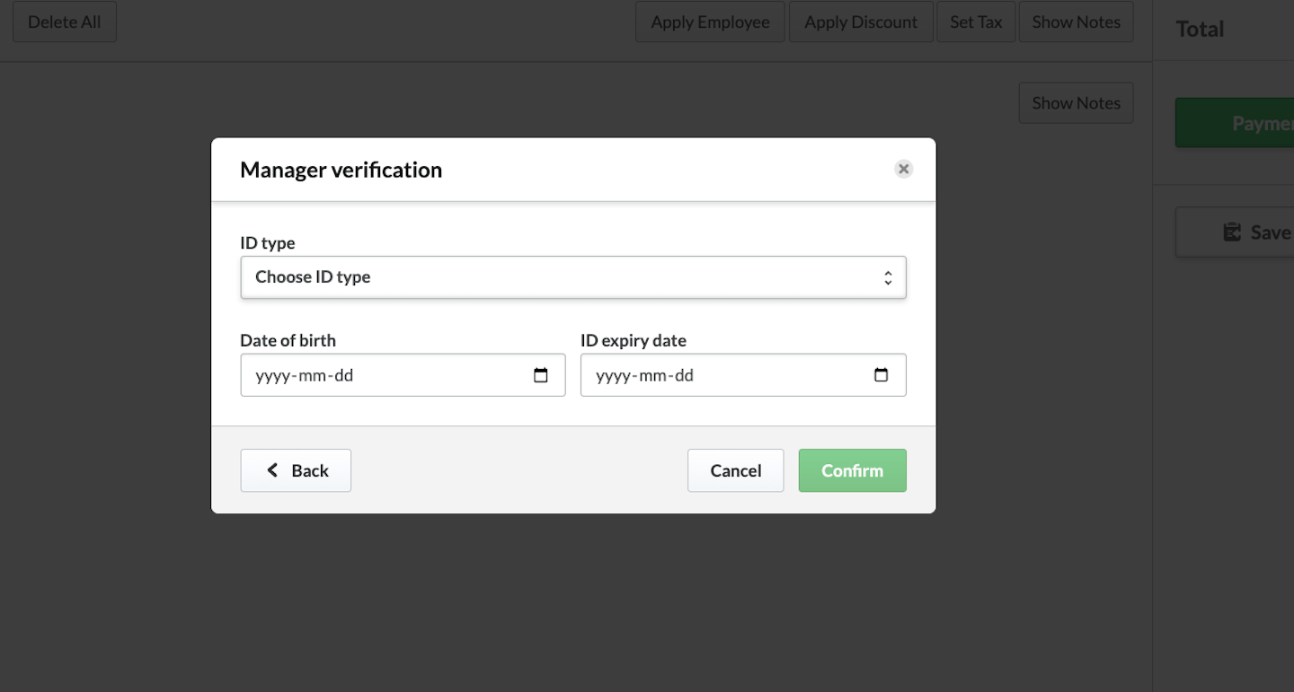Manager verification pop-up with ID type, Date of birth, and ID expiry date fields.