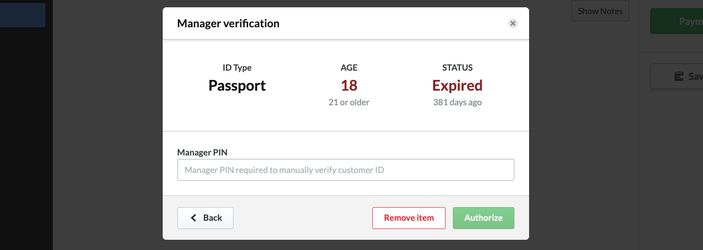 Manager PIN page listing ID Type, Age, and Status of ID.