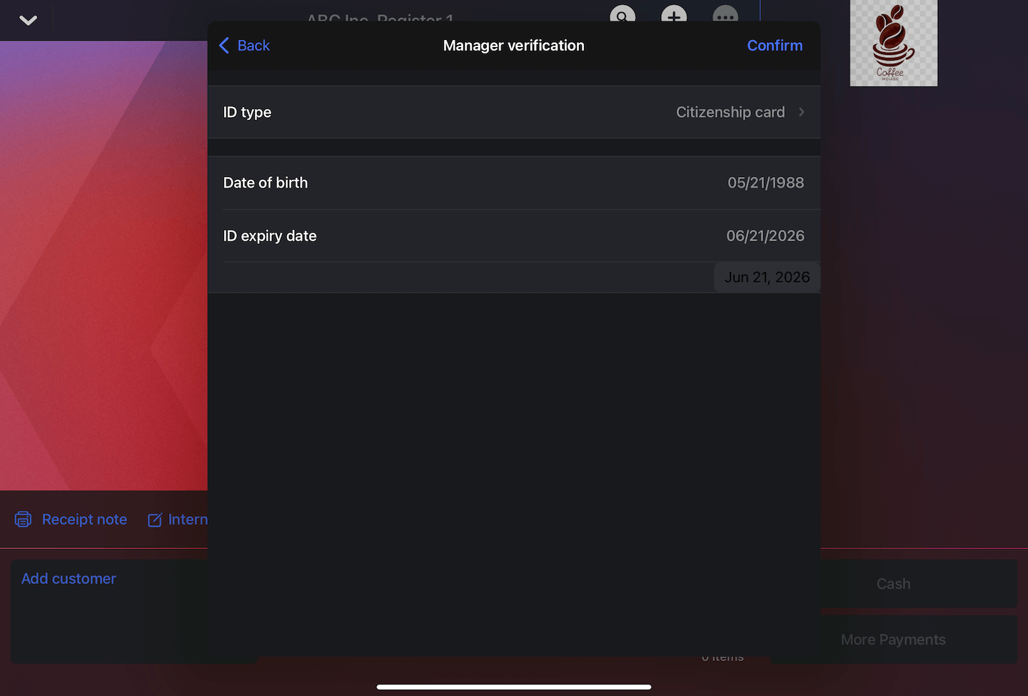 Manager verification pop-up with ID type, Date of birth, and ID expiry date fields.