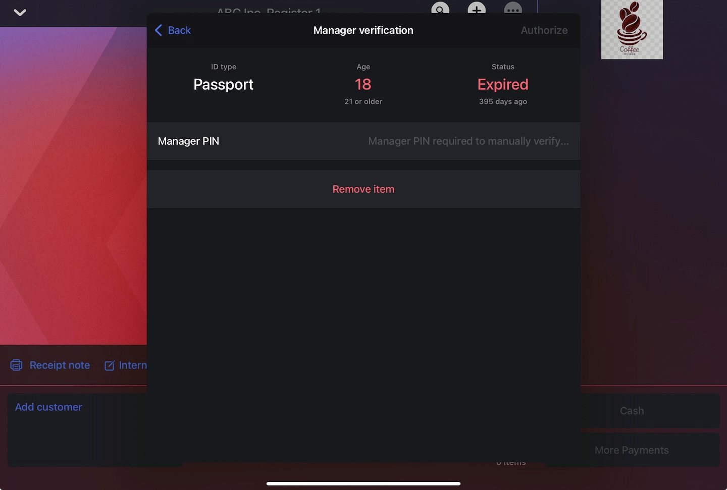 Manager verification pop-up showing the ID as expired and the Authorize option unavailable.