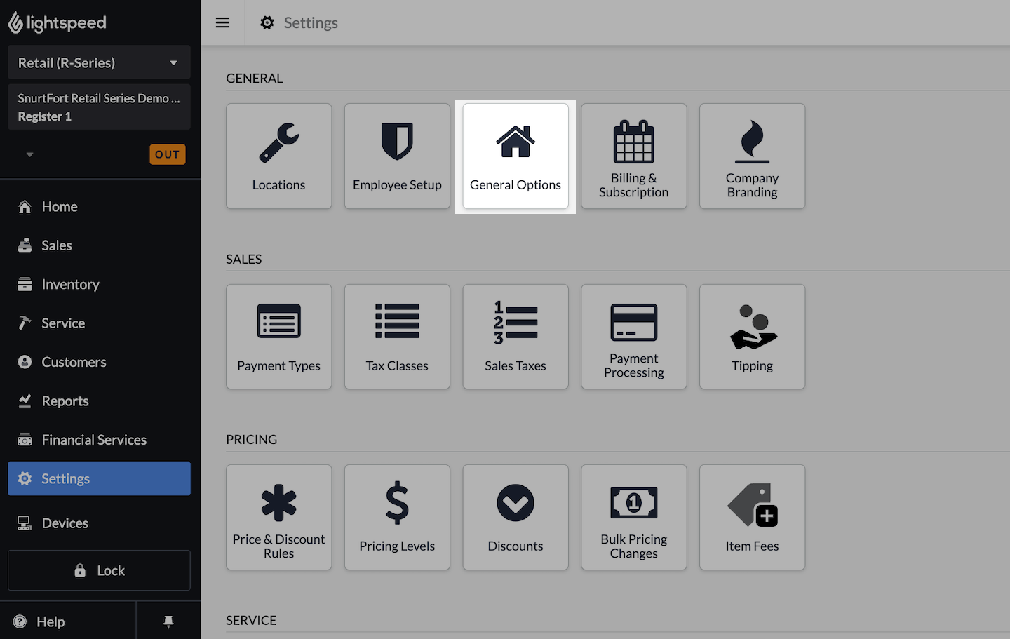 Settings page with General Options emphasized.