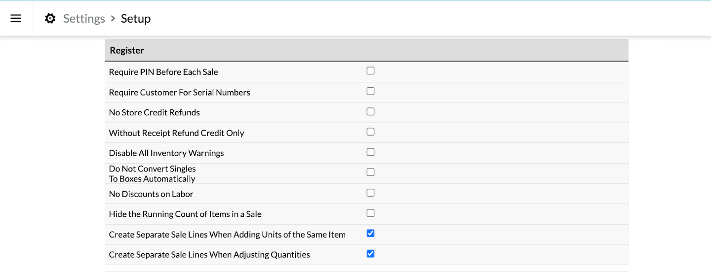 Register section of Setup page.