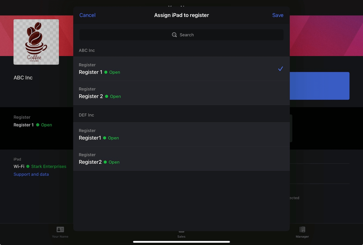 Pop-up to assign iPad to a register.