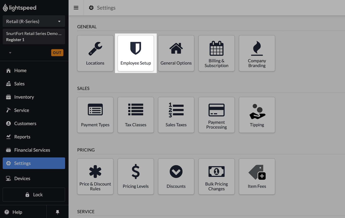 Settings page with Employee Setup emphasized.