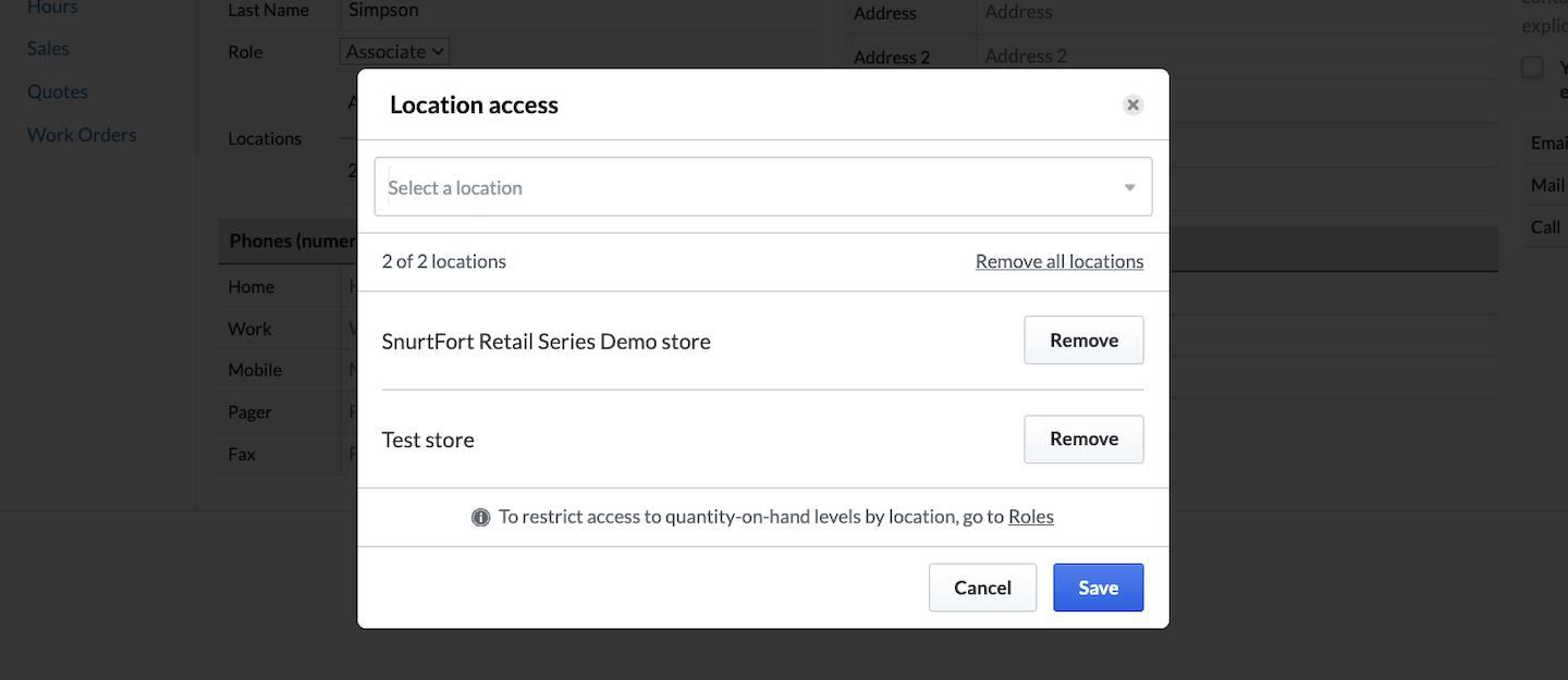 Location access pop-up window with options to search for, add, or remove locations.