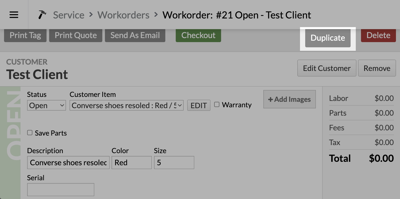 Work order with duplicate button highlighted.