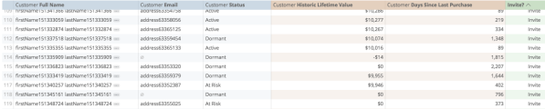 A table displaying customer data including name, email, status, historic lifetime value, days since last purchase, and an invite column.
