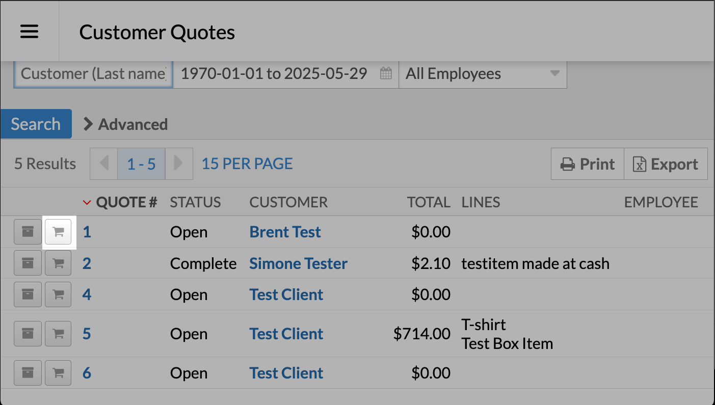 The Customer Quotes page highlighting the checkout icon.