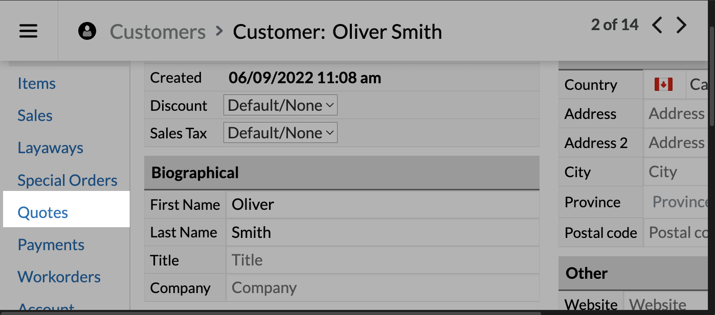 A customer's profile highlighting the Quotes tab.