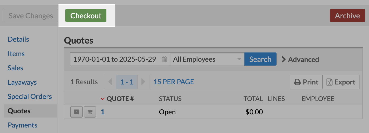 The Checkout button on a quote.