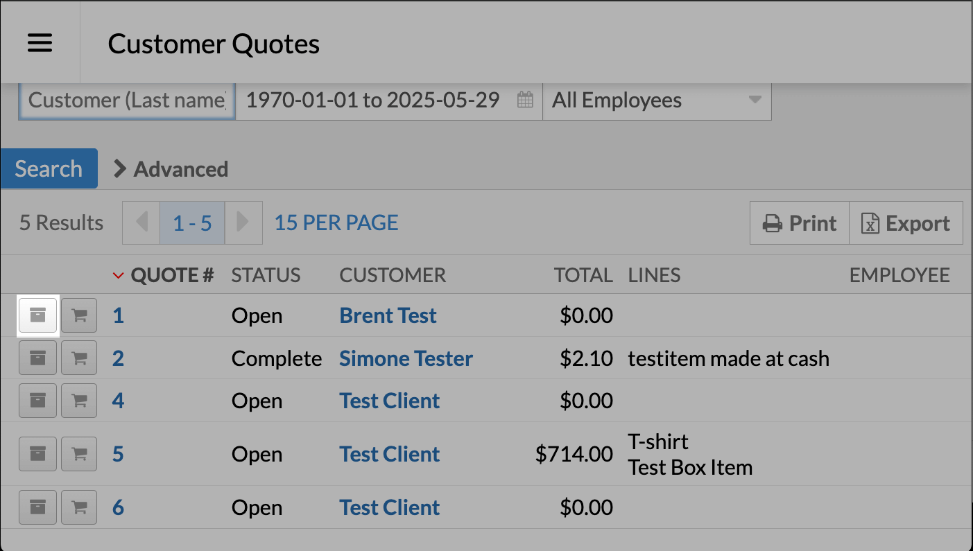 The Customer Quotes page highlighting the archive button.