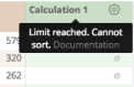 A popup window with text 'Limit reached, Cannot sort.' displayed over a table.