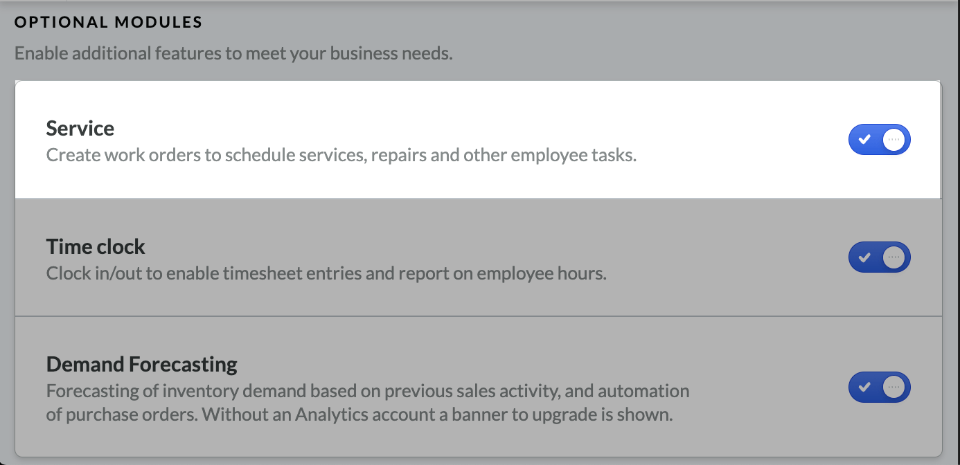 The Optional Modules page with the Service module toggled on.