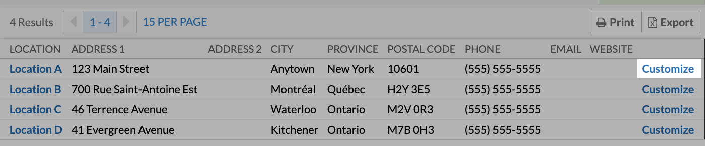 A list of locations highlighting the Customize button.