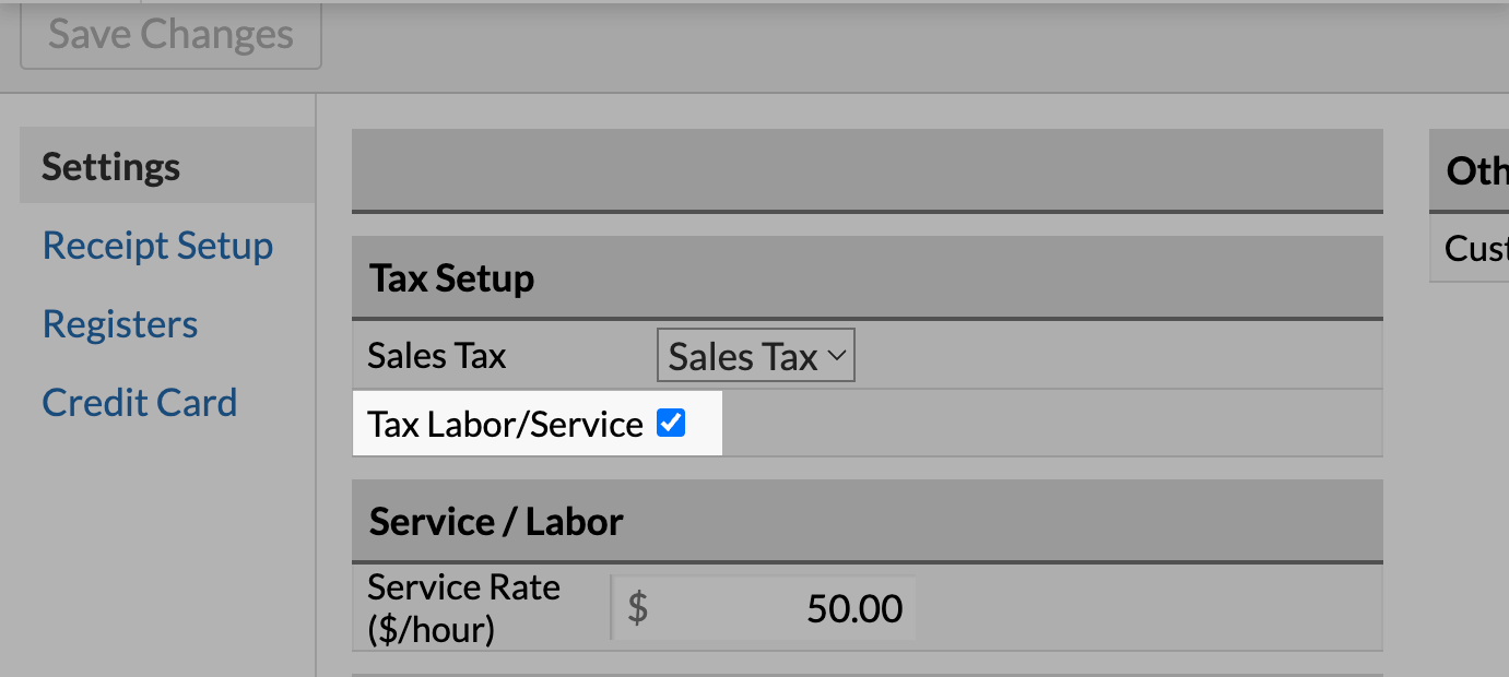 The Tax Labor/Service checkbox toggled on.