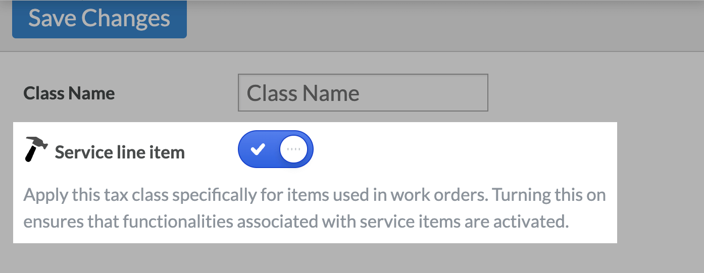 A service line item tax class toggled on.