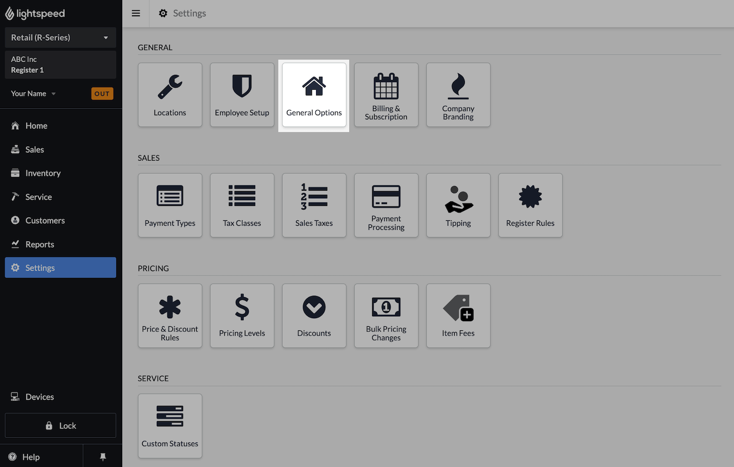 Settings page with General Options emphasized.