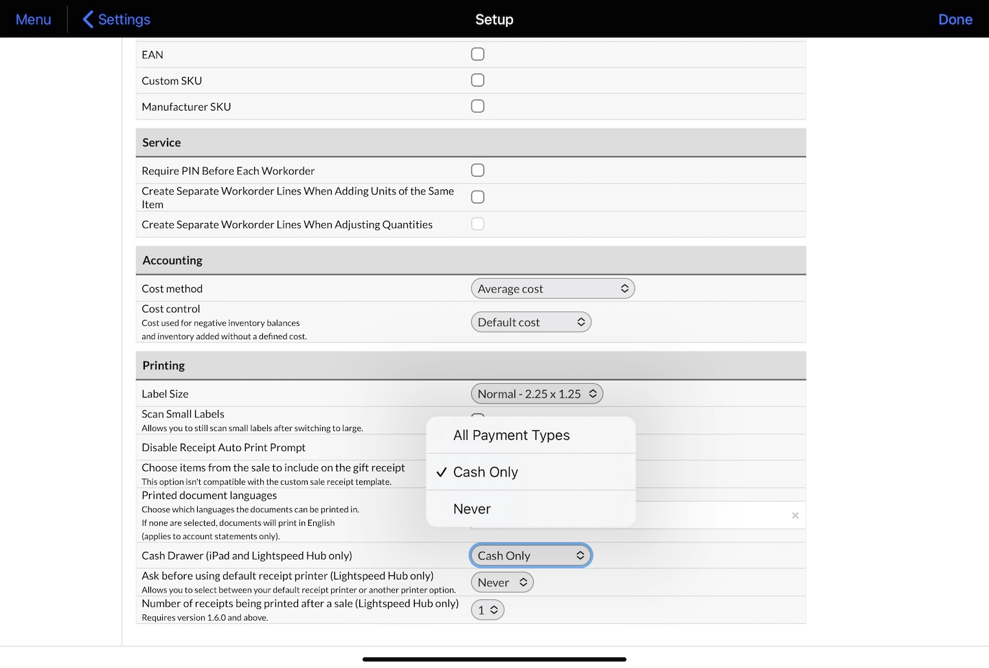 Setup page showing Cash Drawer (iPad and Lightspeed Hub only) dropdown menu options.