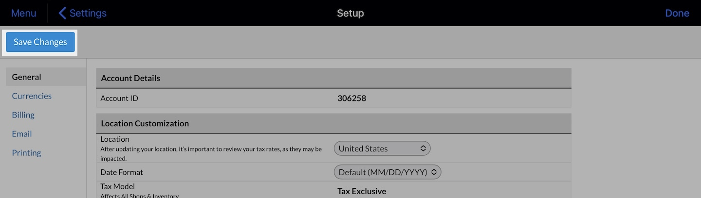 Setup page with Save Changes button emphasized.