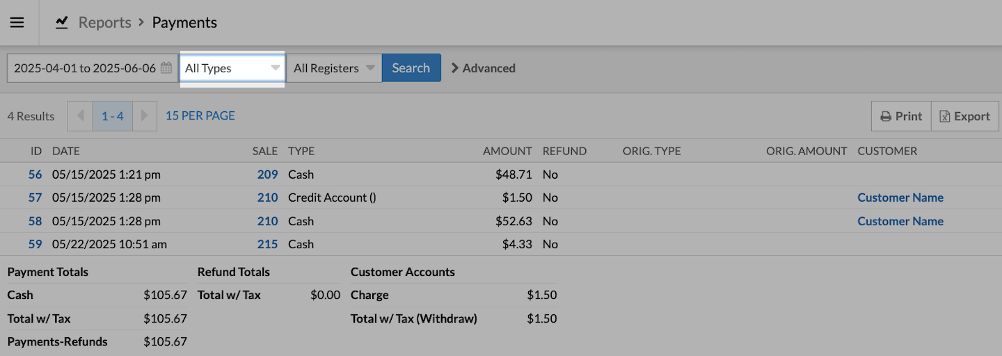 Payments page with All Types dropdown emphasized.