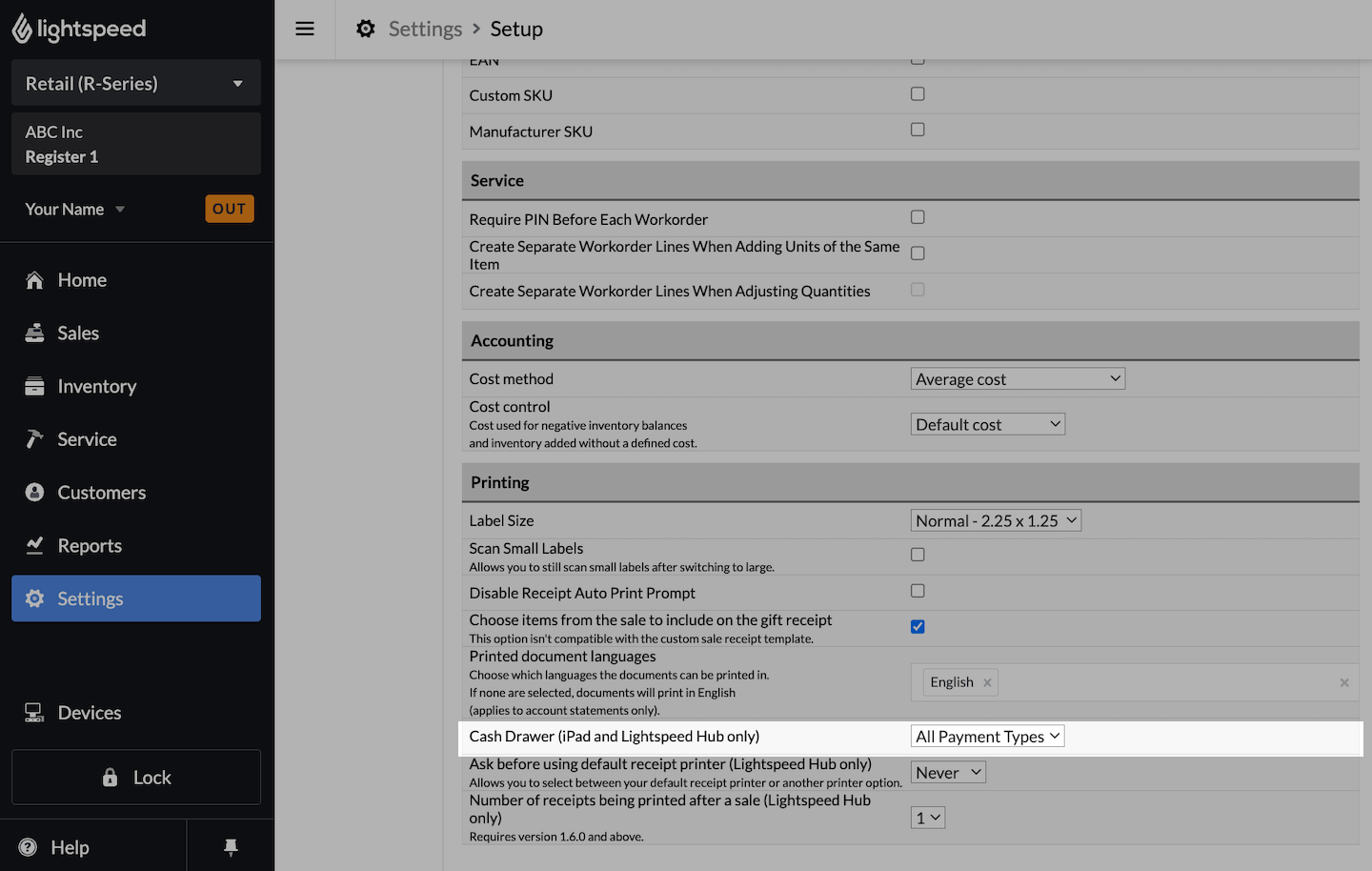 Setup page with Cash Drawer (iPad and Lightspeed Hub only) dropdown emphasized.