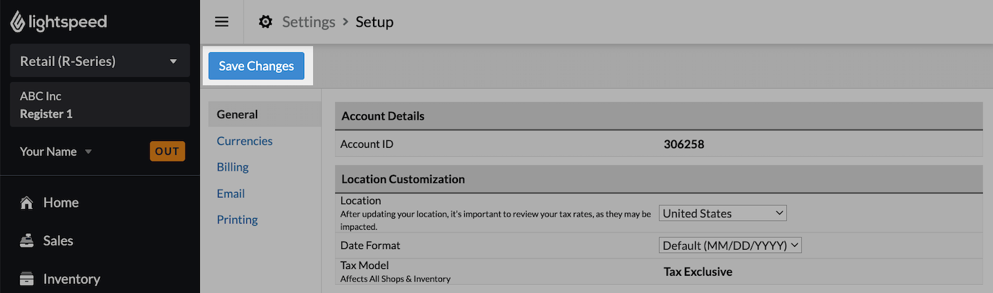 Setup page with Save Changes button emphasized.