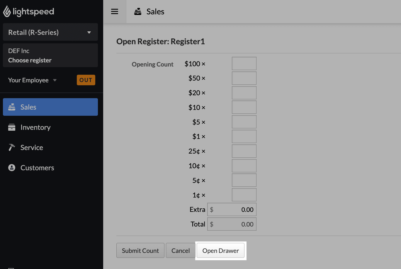 Open Register page with Open Drawer button emphasized.
