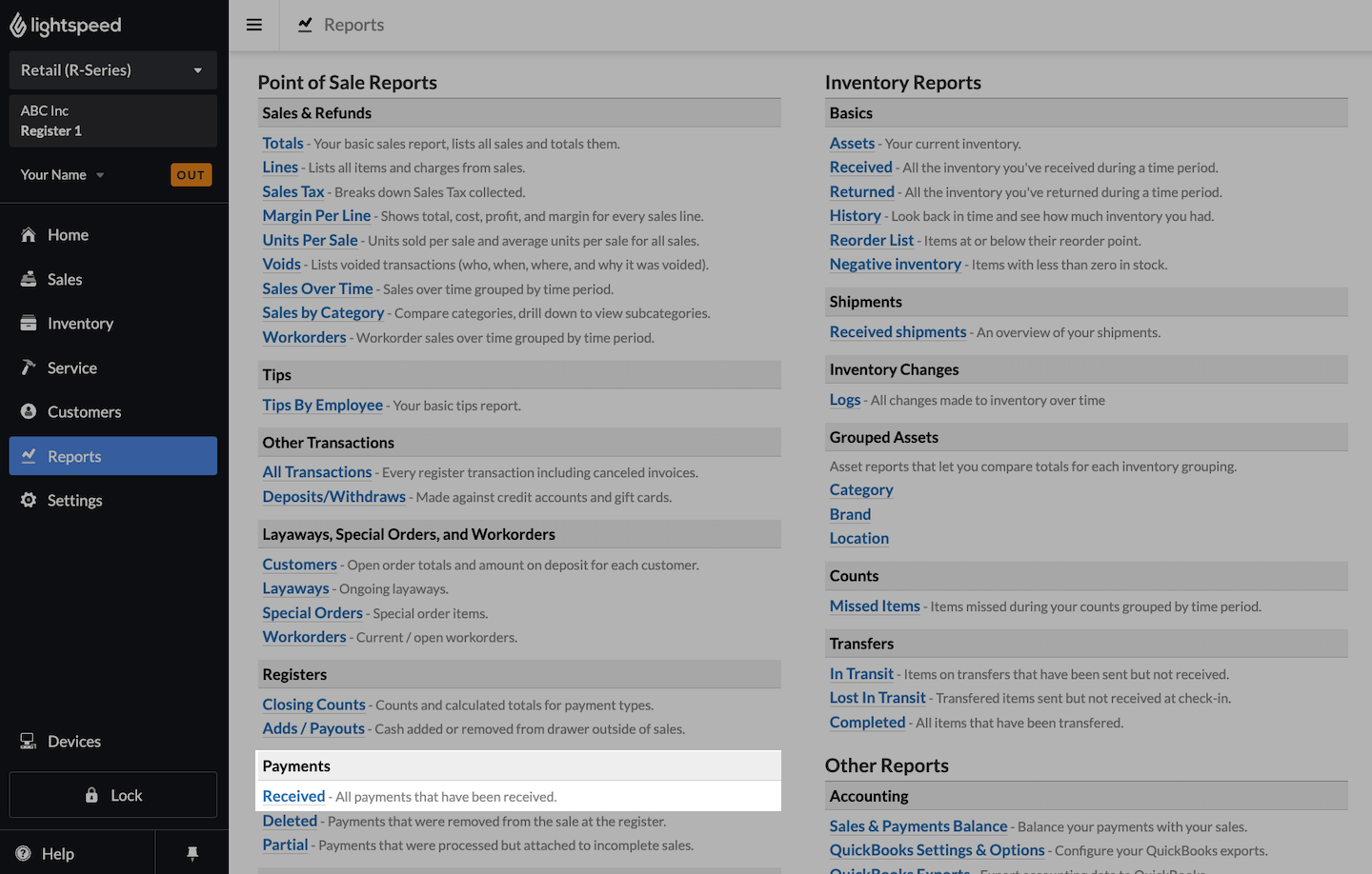 Reports page with Payments Received emphasized.