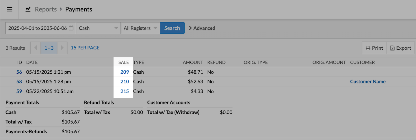 Payments page with SALE column emphasized.