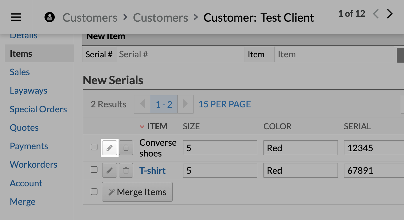 The edit button beside a serialized item.