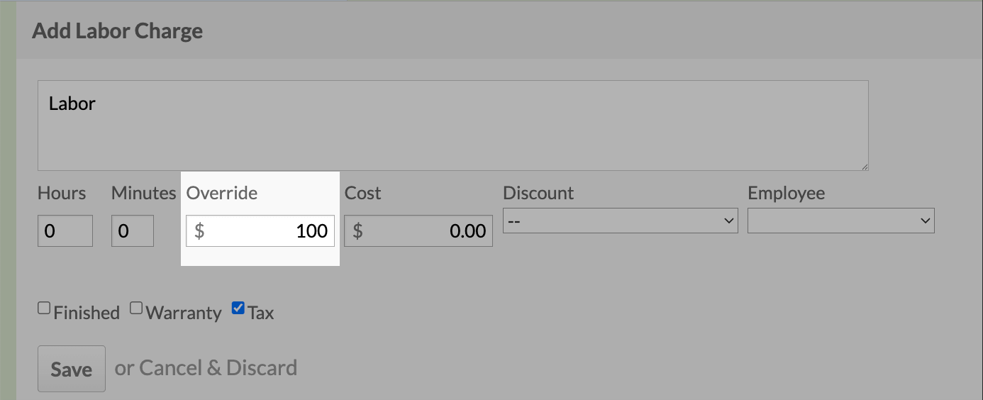 The Override option in the Add Labor Charge section.