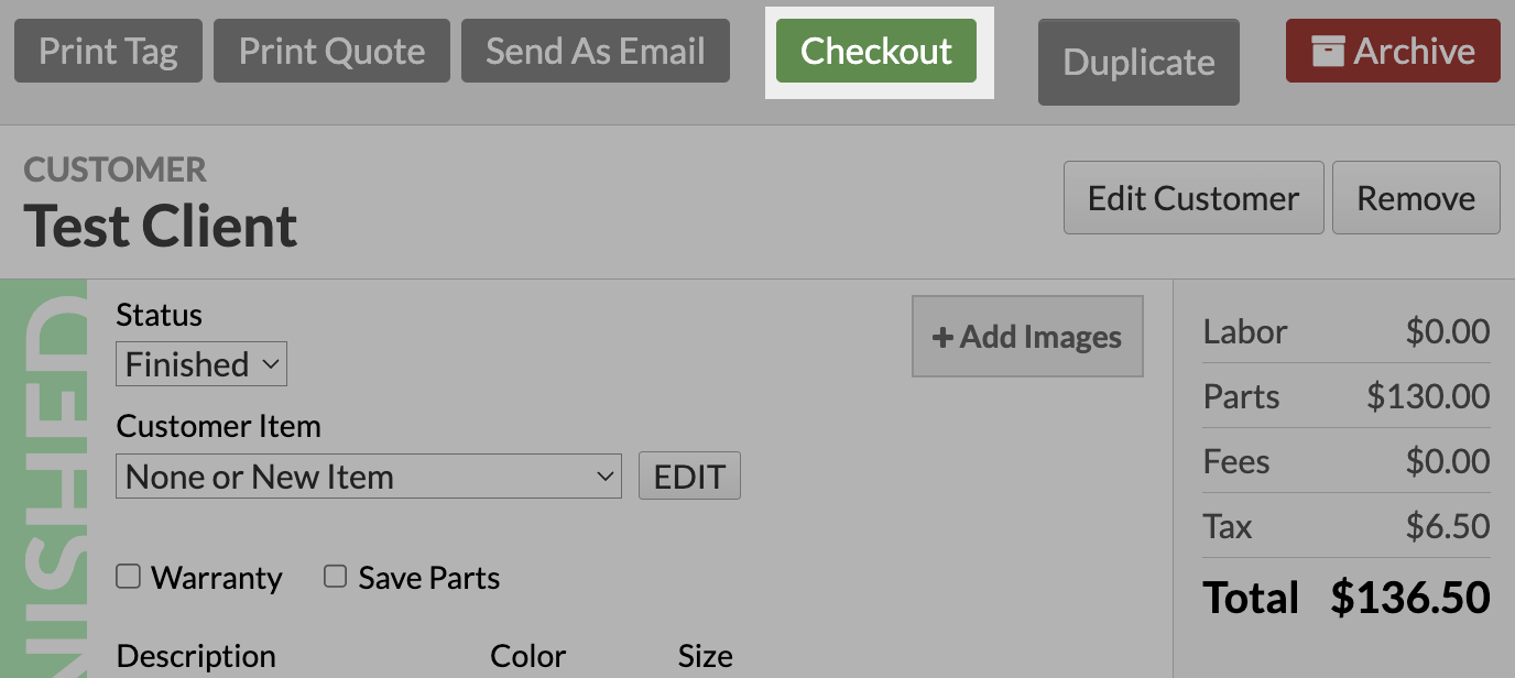 The Checkout button on a work order.