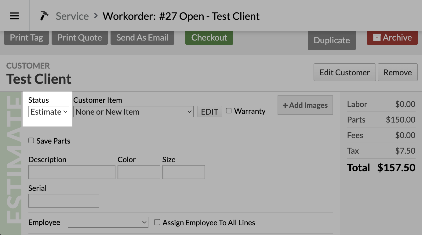Status dropdown, with the Estimate status.