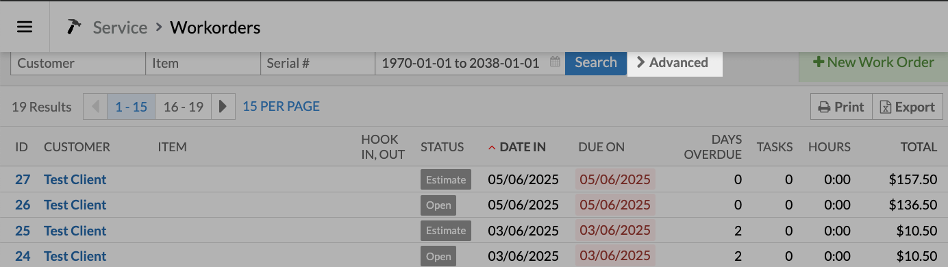 The Workorders page highlighting the Advanced search option.