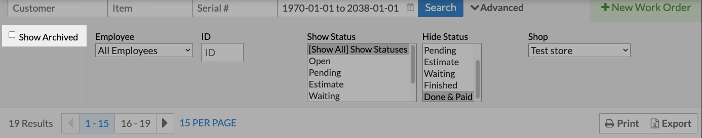 The Show Archived checkbox.
