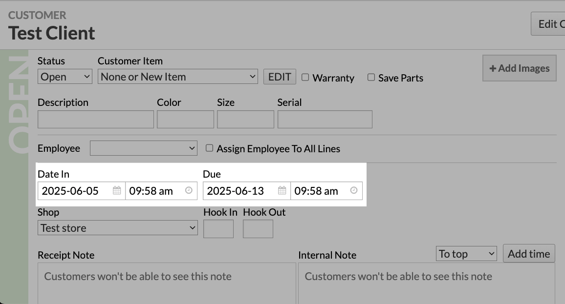 The Date In and Due fields.