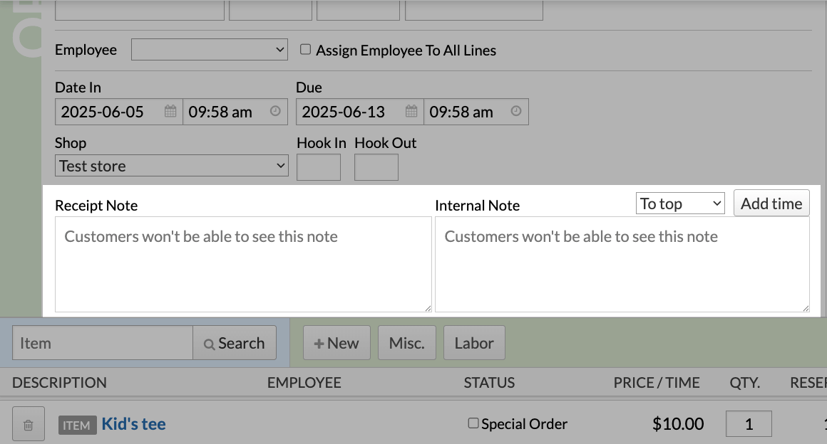 The Receipt Note and Internal Note fields.