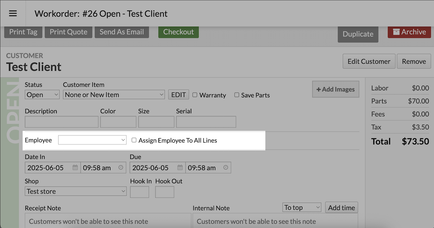 The Employee dropdown and Assign Employee To All Lines option.