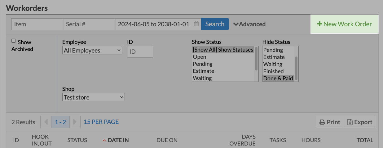 The + New Work Order button.
