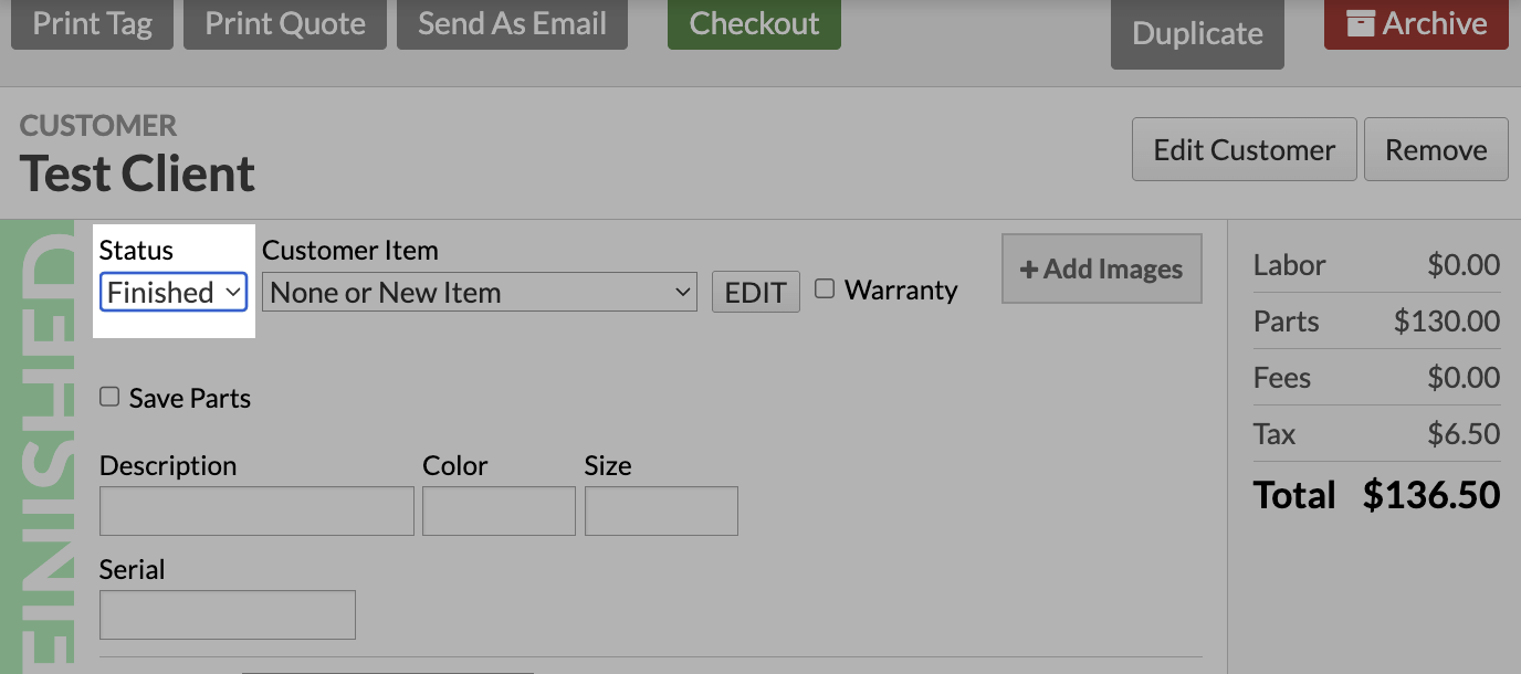 The Status dropdown, choosing the Finished option.